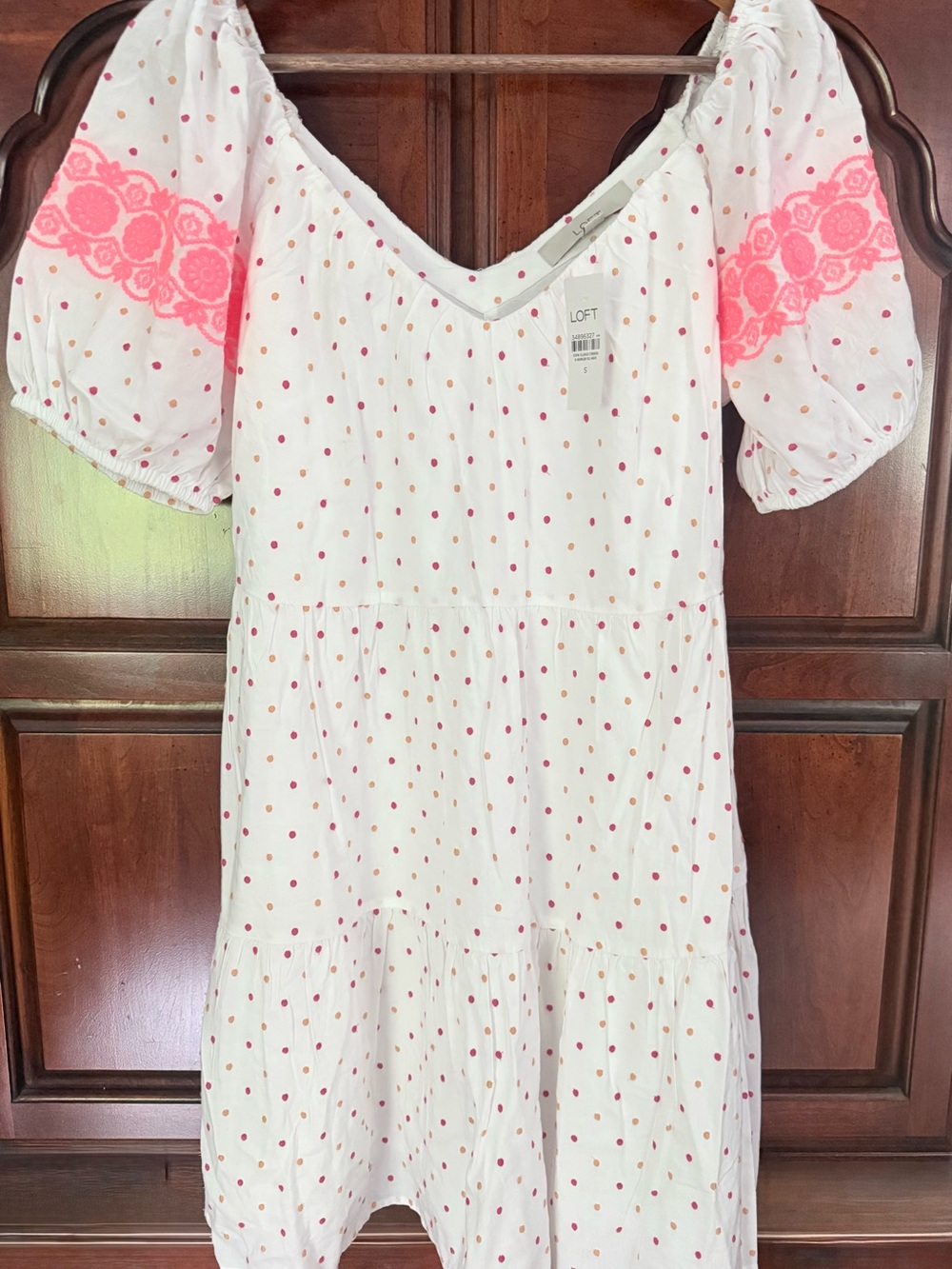 LOFT White with Pink Polka Dots and Neon Pink puff Sleeve Detail NWT